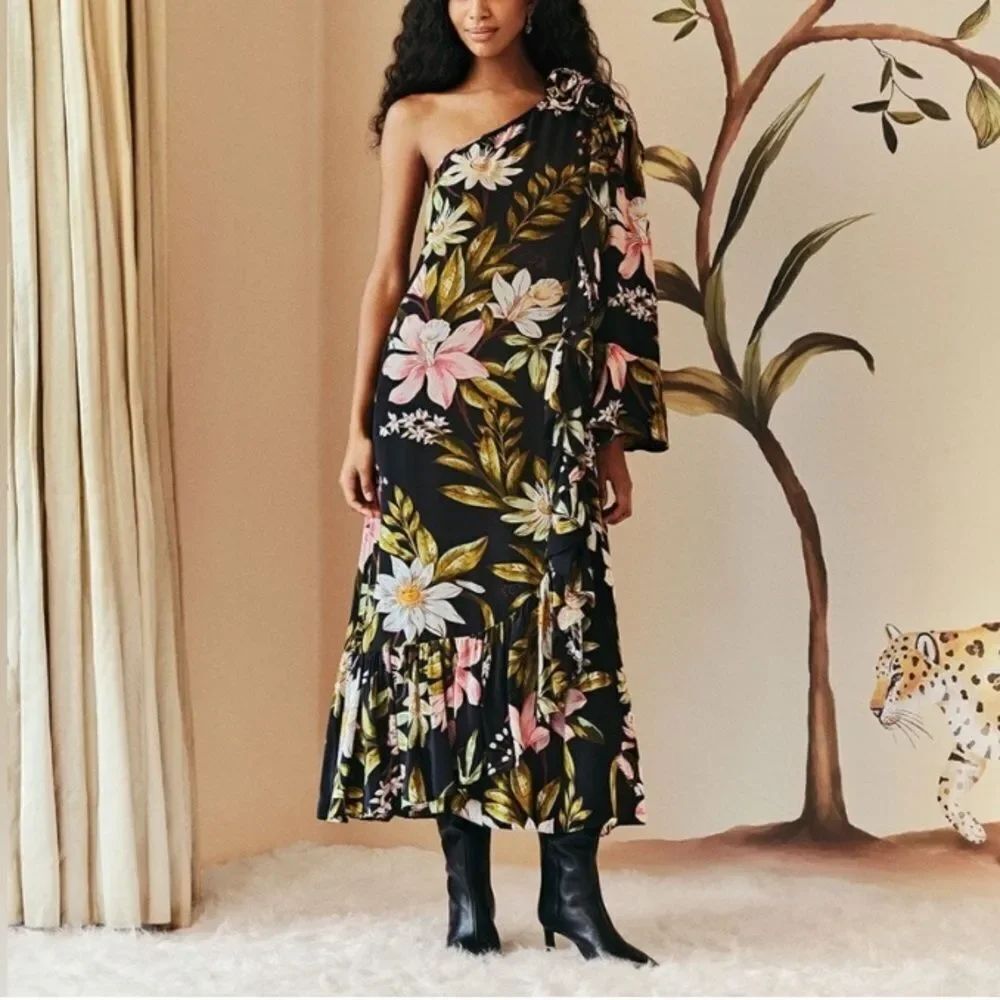 FARM Rio Black Floral Asymmetric Dress